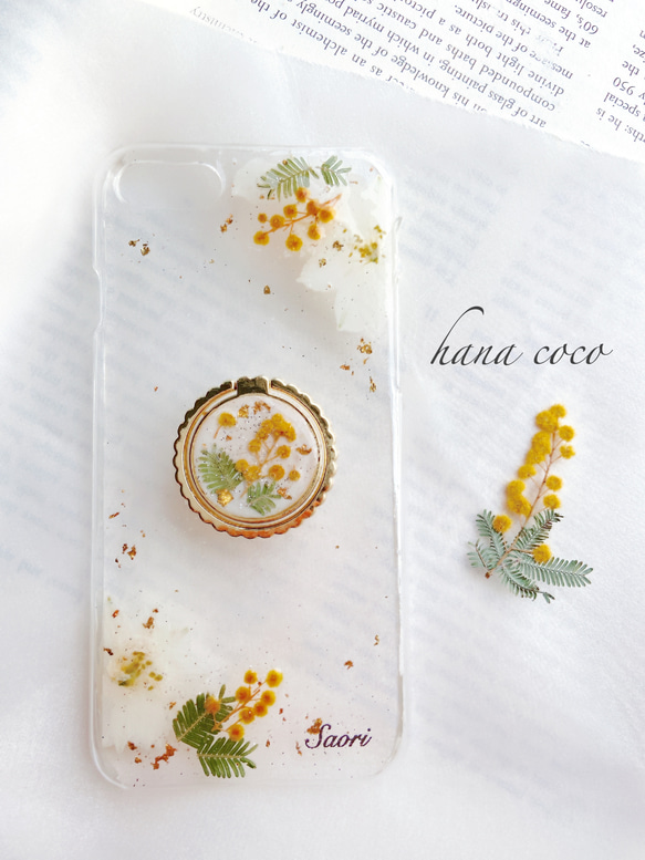 再販♡500完売 全機種対応 :.｡.✽.｡スマホリング付きミモザのケース 