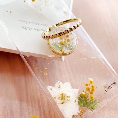 再販♡500完売 全機種対応 :.｡.✽.｡スマホリング付きミモザのケース 