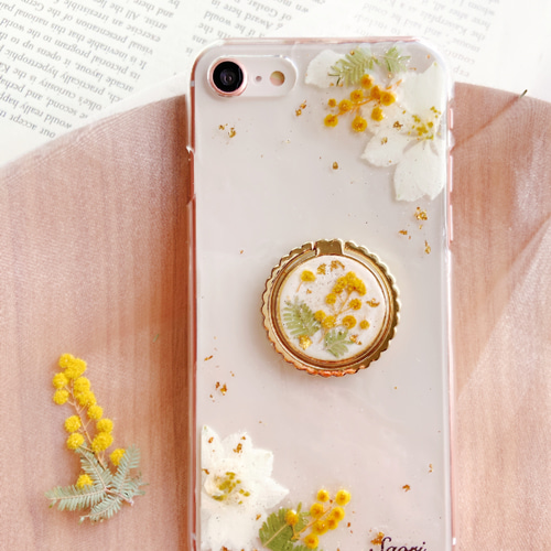 再販♡500完売 全機種対応 :.｡.✽.｡スマホリング付きミモザのケース 