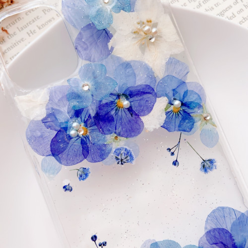 なっとページ⭐︎押し花ケース ❁.。.:*:.。.青の憂い 全機種対応♡押し花ケース