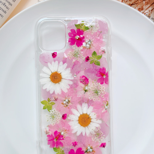 ❁.。全機種対応♡ふんわりピンクの押し花ケース 