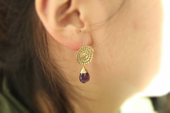 【K16GP】Hammerd round amethyst earing/ラウドハンマーとアメジストピアス 5枚目の画像