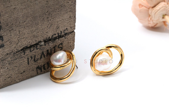 E004-G/Double round Post Earring/ダブルラウンドピアス 2枚目の画像