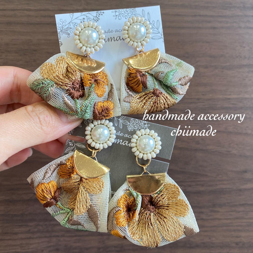 ビーズ刺繍 リボン刺繍 ピアス イヤリング 秋にも パール ピアス