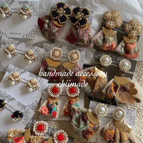 ビーズ刺繍 リボン刺繍 ピアス イヤリング 秋にも パール ピアス
