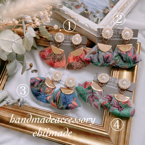 ビーズ刺繍 リボン刺繍 ピアス イヤリング 秋にも パール ピアス