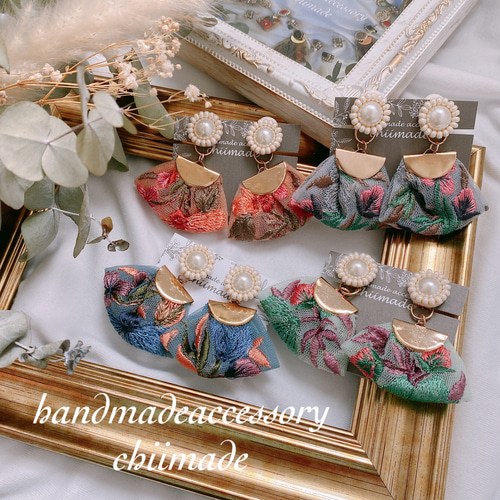 ビーズ刺繍 リボン刺繍 ピアス イヤリング 秋にも パール ピアス