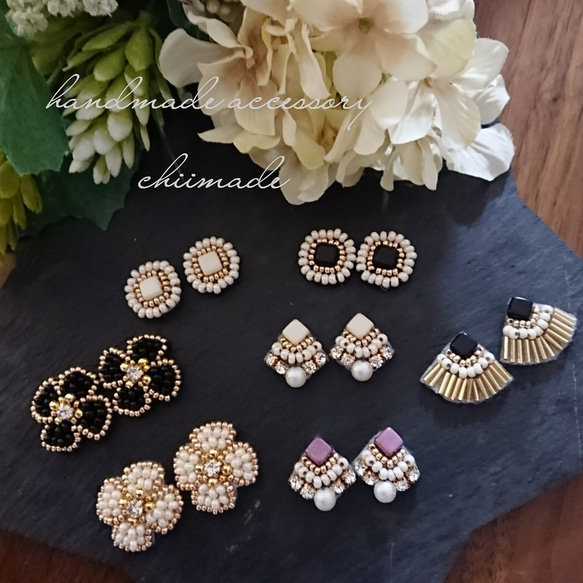 ビーズ刺繍 お花  大きめ 軽い  ピアス イヤリング 4枚目の画像