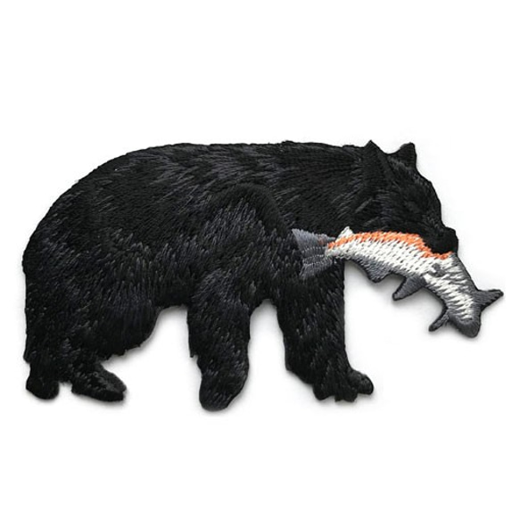 アップリケワッペン鮭をくわえた熊 UI ツキノワグマ クロクマ くま ベア 魚 狩w-1881 1枚目の画像