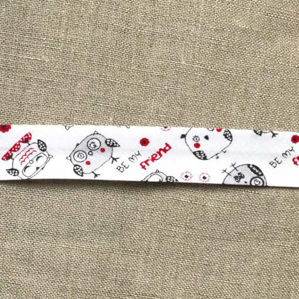 スペイン バイアステープ1mX18mm フクロウ ホワイト 鳥 m-0293 梟 バード 2枚目の画像