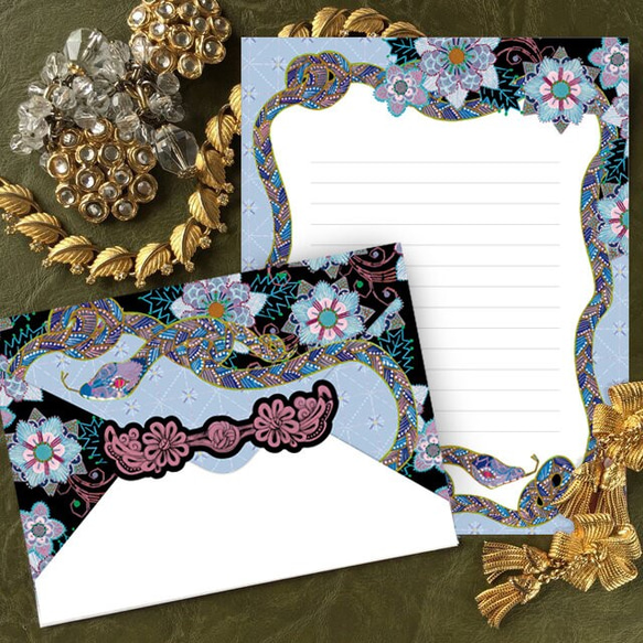 蛇のビーズ刺繍 レターセット（一筆箋とボタンモチーフ付き） レター