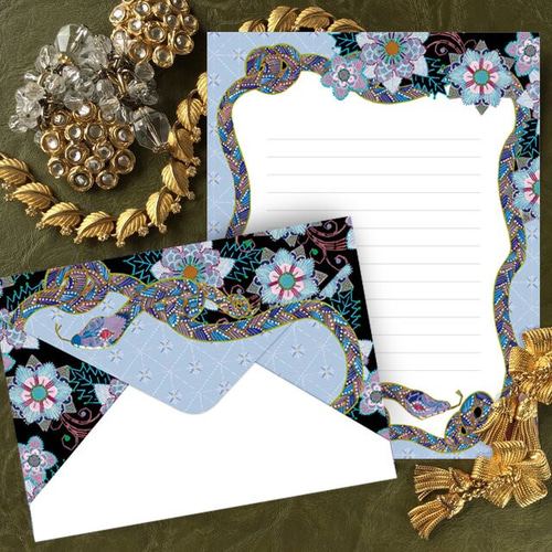 蛇のビーズ刺繍 レターセット（一筆箋とボタンモチーフ付き） レター