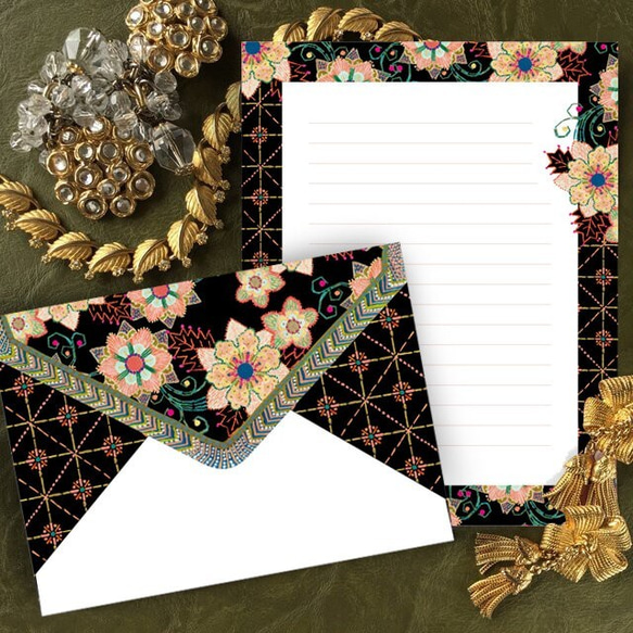 花のビーズ刺繍 レターセット（一筆箋とボタンモチーフ付き） 3枚目の画像