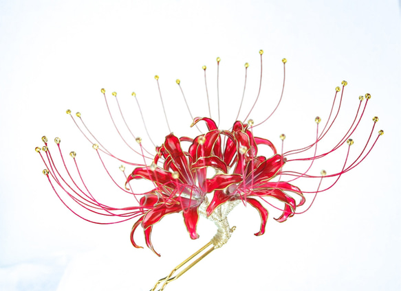 雨後に咲く彼岸花のかんざし 髪飾り 成人式 卒業式 ディップアート