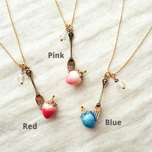 shinee*strawberry フォークいちごのネックレス 〈赤・ピンク・青