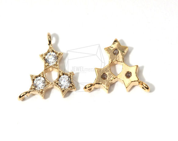 CNT-016-G【4個入り】CZトリプルスターコネクタ,Cubic Zirconia Three Star Charm 2枚目の画像