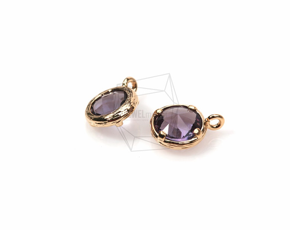 GLA-023-G【2個入り】ラウンドガラスチャーム,Round Framed Stone(Amethyst) 3枚目の画像