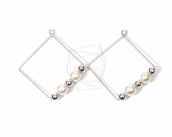 PDT-1254-R【2個入り】ワイヤーロンバスパール,Wire Rhombus With Pearls Pendant 1枚目の画像