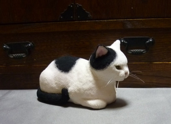 和猫百景　ちょっと眠そうな白黒箱猫　江戸縮緬  座布団付 (送料無料) 8枚目の画像