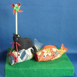 大猫　端午の節句 鯉のぼり ネコ　ねこ　ハンドメイド　手作り　縮緬　招き猫 猫だって端午の節句 こいのぼりに乗った猫 江戸縮緬 その他置物