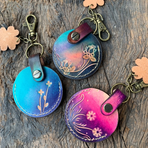 【心花朵朵開】gogoro 鑰匙皮套 皮革手作 漸層系-粉紫 第3張的照片