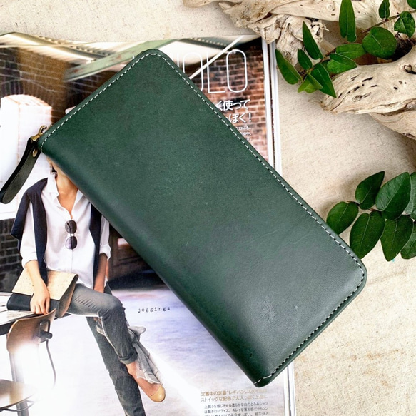 手作りの財布-ジッパーロングフォルダー-緑の森 1枚目の画像