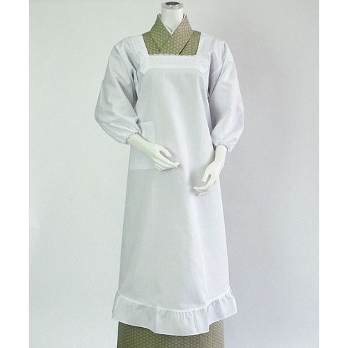 日本製 割烹着 和装 白 角衿 フリル付き 撥水 撥油 おしゃれ 125cm丈 M