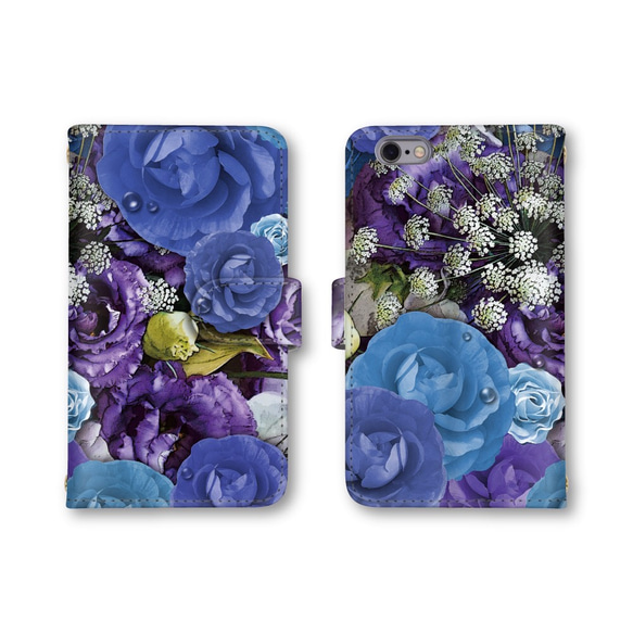 薔薇 花柄 バラ 青 紫 スマホケース スマホカバー 手帳型 手帳タイプ 送料無料 iPhoneX ケース 1枚目の画像