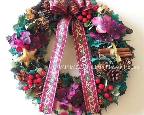 エターナル・クリスマスリース☆紫のお花リボン アートフラワー