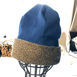 SALE『冬支度ハンドメイド2019』リバーシブルニット帽 ブラウン＆明るいブルー58-60cm 6枚目の画像