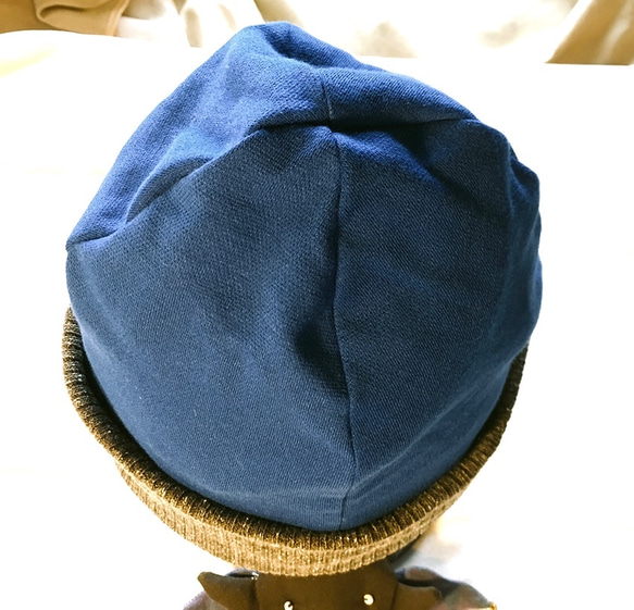 SALE『冬支度ハンドメイド2019』リバーシブルニット帽 ブラウン＆明るいブルー58-60cm 7枚目の画像