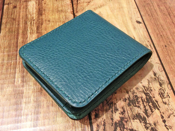 イタリアンレザー使用！本革二つ折り財布 レザークラフト 青 緑 ハーフウォレット 8枚目の画像