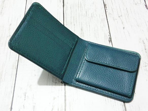 イタリアンレザー使用！本革二つ折り財布 レザークラフト 青 緑 ハーフウォレット 2枚目の画像
