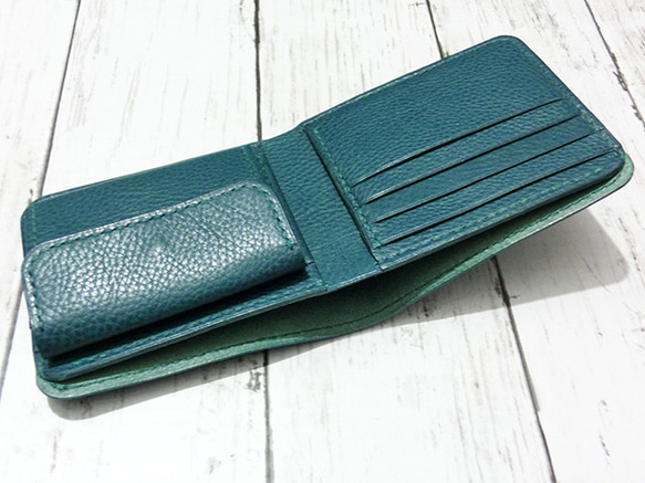 イタリアンレザー使用！本革二つ折り財布 レザークラフト 青 緑 ハーフウォレット 7枚目の画像