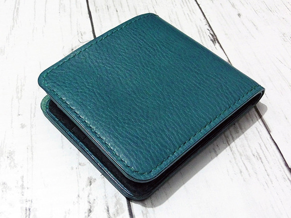 イタリアンレザー使用！本革二つ折り財布 レザークラフト 青 緑 ハーフウォレット 5枚目の画像
