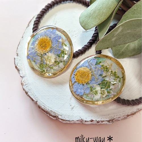ブルーノースポールと小花＊レジンのヘアゴム／押し花、金糸入り