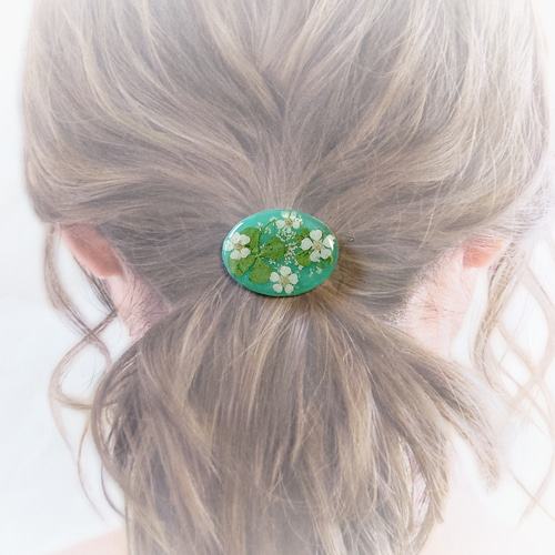 レジンヘアゴム四葉のクローバーレモンホワイトブルー勿忘草