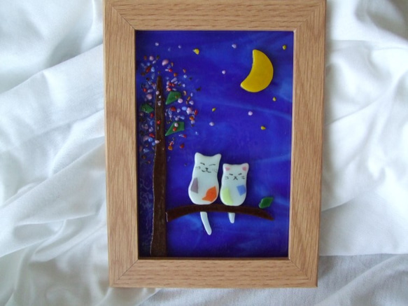 ネコのミニパネル　｢月夜｣　（フュージング） 1枚目の画像