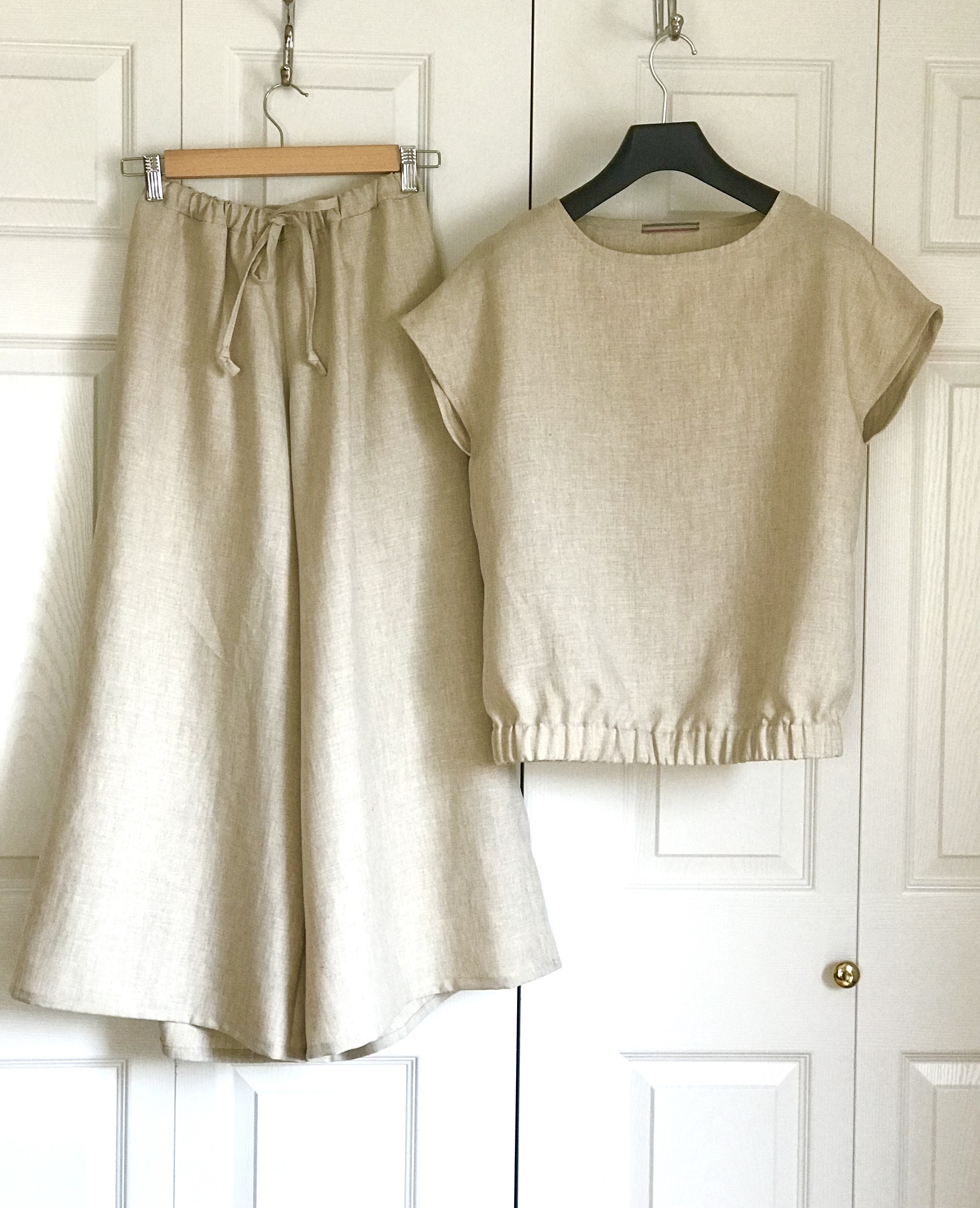 セミオーダー☆リネンのセットアップ　フレンチブラウスとワイドパンツ　ナチュラルベージュ　フリーサイズ
