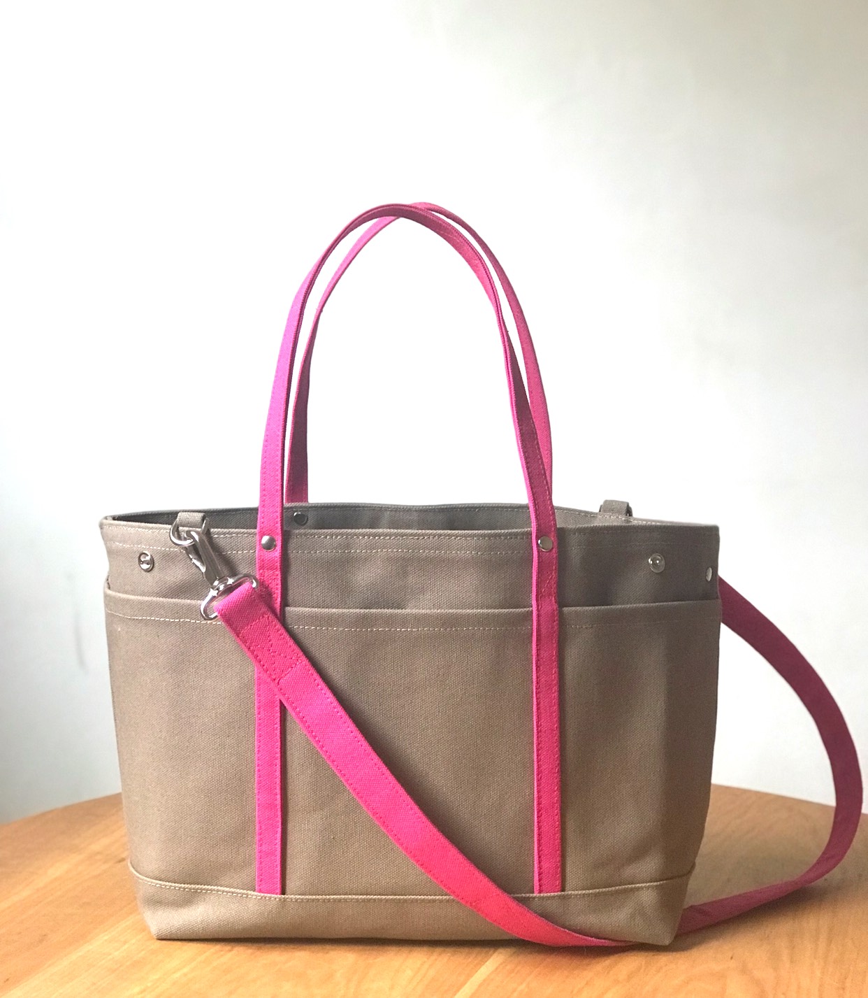 大人パステル3way帆布トート ML size グレージュ×フューシャピンク