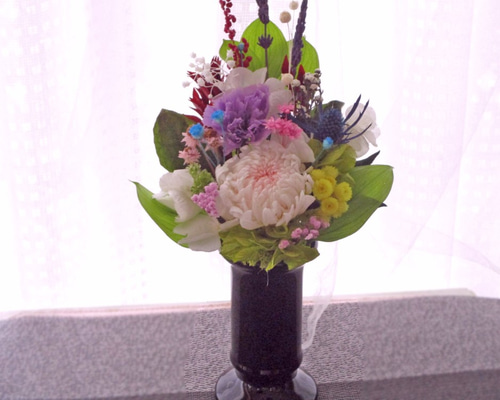 仏花プリザーブオーダー プリザーブドフラワー仏花Lサイズ 高さ38cm（花丈27㎝＋器11cm