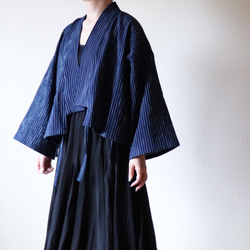 Umineko : 藍染・綿節糸・先染めストライプ・作務衣風ジャケット 1枚目の画像