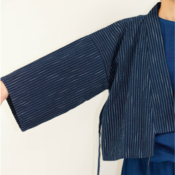 Umineko : 藍染・綿節糸・先染めストライプ・作務衣風ジャケット 2枚目の画像