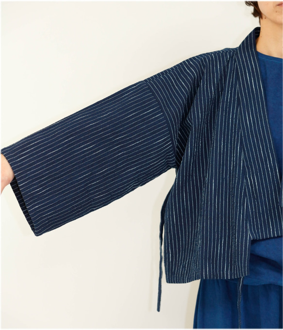 Umineko : 藍染・綿節糸・先染めストライプ・作務衣風ジャケット 2枚目の画像