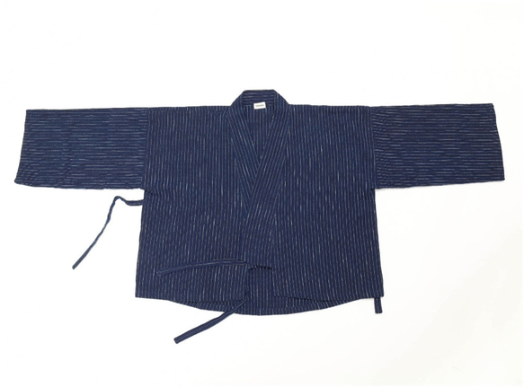 Umineko : 藍染・綿節糸・先染めストライプ・作務衣風ジャケット 3枚目の画像