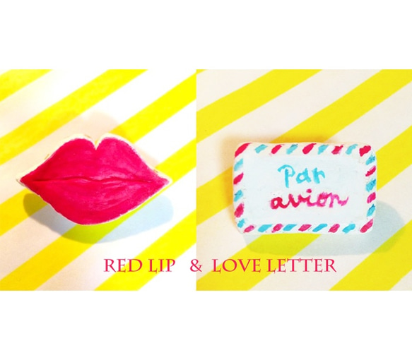 SALE! クレイブローチ (red lip & letter） 1枚目の画像