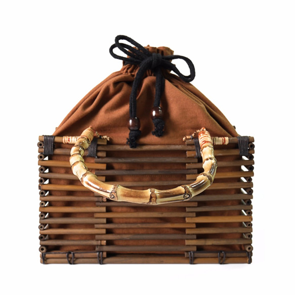 【在庫あり】IUHA ナチュラルな和の雰囲気 竹製 軽量 巾着 竹籠バッグ かごバッグ 竹かご(茶色) 4枚目の画像