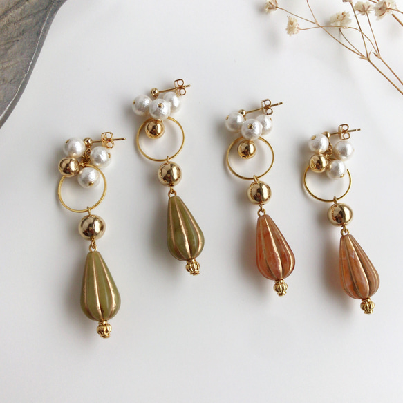 moss green*vintage parts×gold×cottonpearl ピアス/イヤリング 2枚目の画像