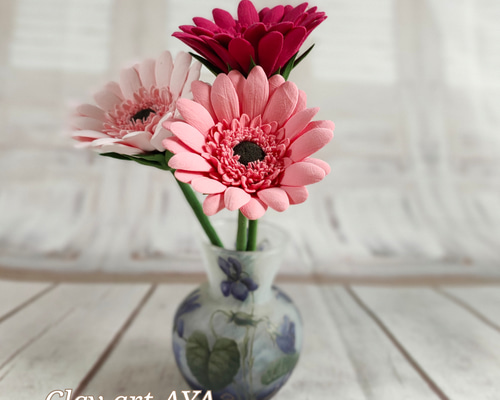 クレイのミニサイズシックな赤系ガーベラ3本セット アートフラワー