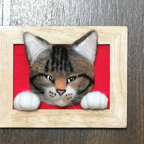 キジトラ白の額縁リアル猫 猫 羊毛フェルト リアル ぬいぐるみ 愛猫 